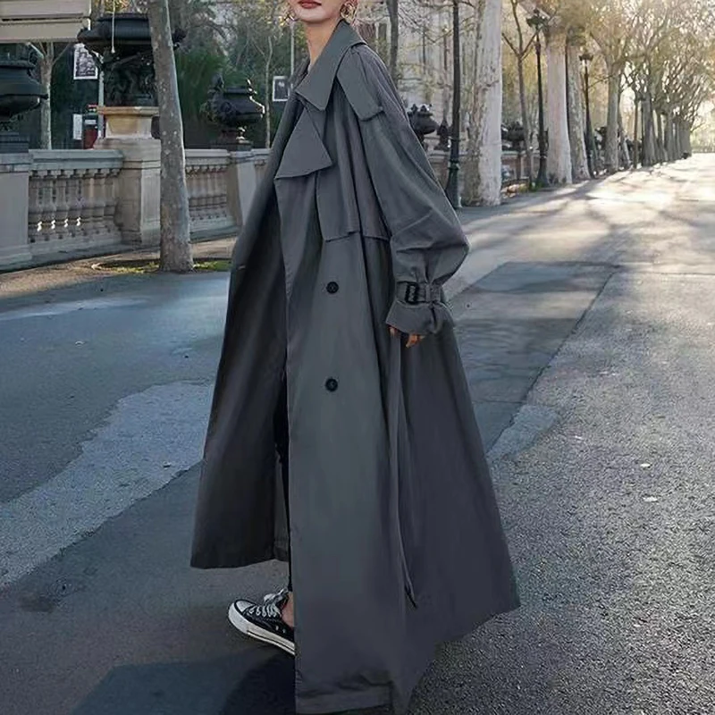  Woman Long Trench Coat Elegant Korean Casual Belt Loose Jacket 2022 Kkaki Thin  - £197.63 GBP