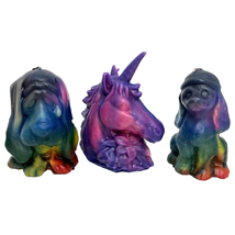 3 Puppy Dog Unicorn Rainbow Wax Candle Colorful Retro Animal Molded 1980... - $14.95