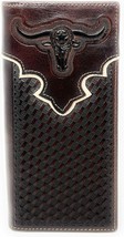 Western Genuine Leather Basketweave Longhorn Metal Concho Mens Long Bifold Walle - $29.99