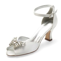 Mid Heels Satin Crystals Wedding Bridal Shoes Women Peep Toe Ankle Buckle Strap  - £79.81 GBP