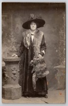 RPPC Fancy Edwardian Woman Outlandish Fur Coat Hand Muff Huge Hat Postca... - $18.95