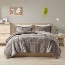 King/CAL King Grey Soft Sherpa Faux Fur 3-Piece Comforter Set with Pillow Shams - £146.45 GBP