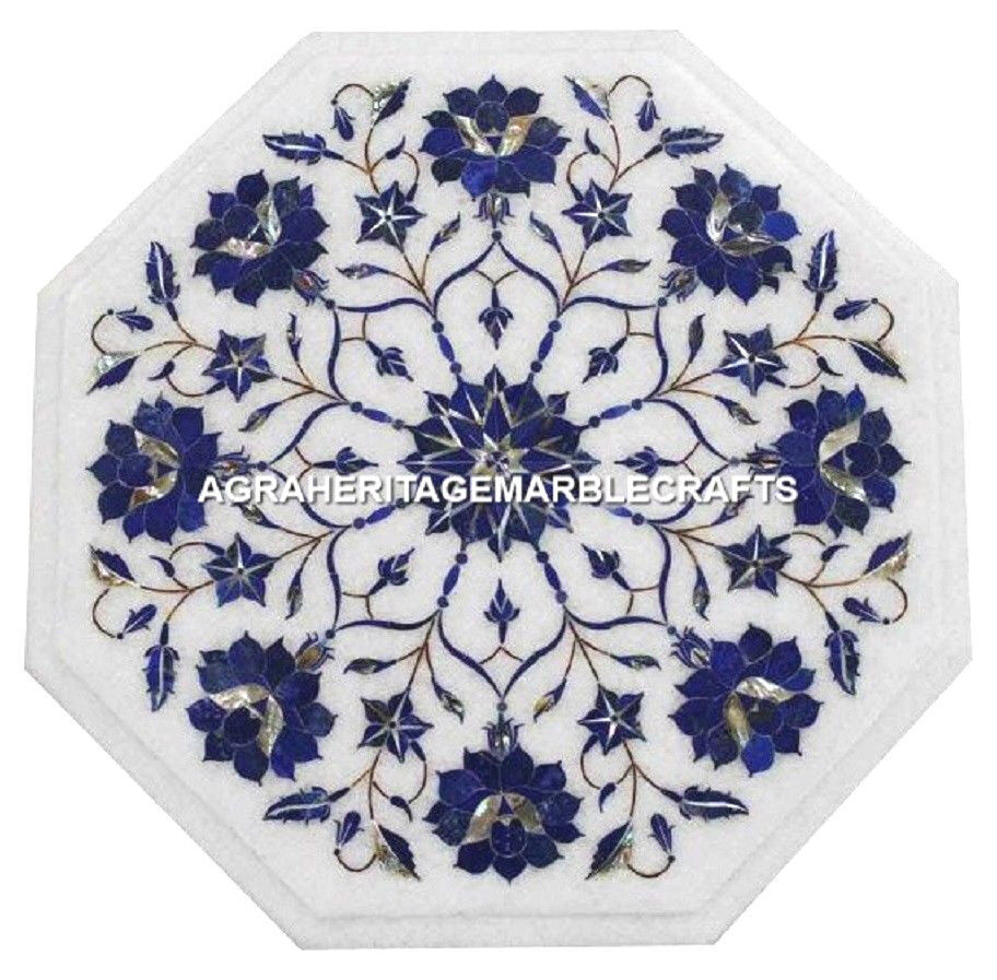 White Center Marble Coffee Table Lapis Inlay Marquetry Arts Mosaic Hallw... - $263.25+