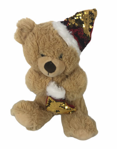 Best Made Toys Tan Beige Teddy Bear 12”  Plush Sequins Santa Hat & Bag - $25.00