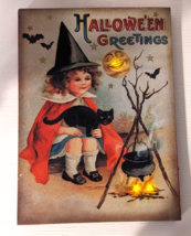 Halloween greetings lighted canvas wall sign repo vintage witch campsite - $19.79