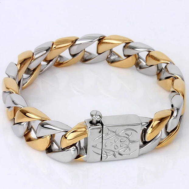 16MM Wide Gold Color Stainless Steel Curb Chain Man Bracelet Male Skull Head Bik - £29.94 GBP