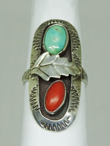 Southwest Turquoise &amp; Red Coral Figural Leaf Sterling Silver Ring Size 6.25 - £103.75 GBP