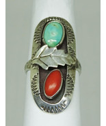 Southwest Turquoise &amp; Red Coral Figural Leaf Sterling Silver Ring Size 6.25 - £102.98 GBP