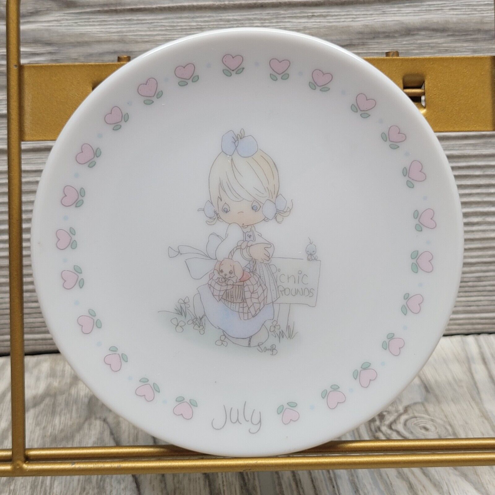 Precious Moments Mini Round Porcelain Plate Birth Month July Birthday Girl Puppy - $9.99