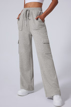 Light Grey Multi Pockets Lace-up High Waist Wide Leg Workout Pants - $31.59