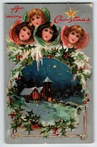 Christmas Postcard Tuck Angels Cherubs Church Embossed Holly Stars Snow 136 - $19.48