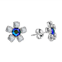 Green-Blue Crystal/CZ Flower .925 Silver Stud Earrings - £11.06 GBP