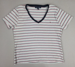 Tommy Hilfiger Women&#39;s Shirt XXL Striped V-Neck Short Sleeve Blue Red Fl... - £11.65 GBP