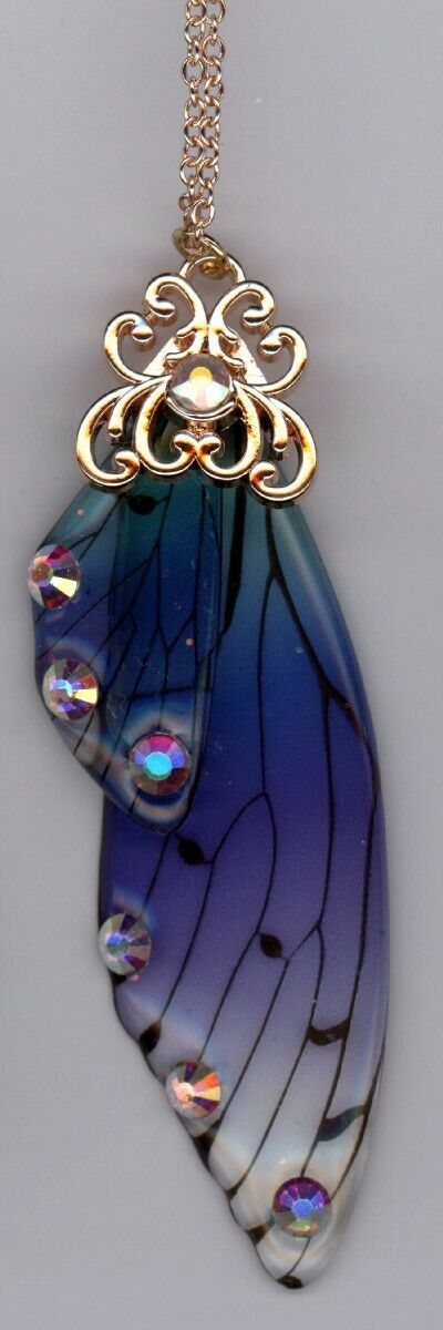 Moda Hecho a Mano Azul Fairy Cuento Cicada Alas Collar Pedrería - $20.63