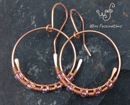 Handmade copper earrings: spiral hoops wire wrapped light purple glass beads - £21.58 GBP
