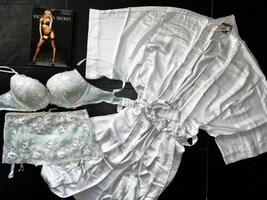 Victoria&#39;s Secret 34D,34DD,36B,36C Bra Set+Garter+Robe White Mint Sexy Seduction - £134.35 GBP