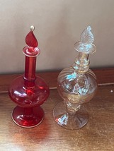 Lot of Thin Light Peach &amp; Red Hand Blown Glass Decorative Perfume Bottles w Leaf - £9.02 GBP