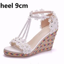 Crystal Queen Women Wee Sandals White Lace Flowers Tassel Bridal Fine High Heels - £44.83 GBP