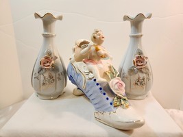 Vintage Handpainted Porcelain High Heel Shoe with Angel &amp; 2 Bud Vases Thames 60s - £26.29 GBP