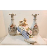 Vintage Handpainted Porcelain High Heel Shoe with Angel &amp; 2 Bud Vases Th... - £26.57 GBP