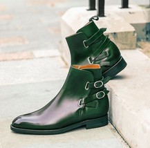 Handmade Men Ankle High Boot, Men Green Color Leather Buckle Casual Boot - £119.89 GBP