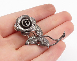 BEAU 925 Silver - Vintage Dark Tone Sculpted Rose Flower Brooch Pin - BP1416 - £34.17 GBP