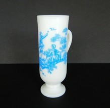 Vintage milk glass tall skinny handled cup with blue transfer courting s... - $228.43 MXN