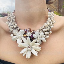 Bohemian 20&quot; Handmade Shells, Freshwater Pearls &amp; Sunflower Leaves Pendant Flora - £89.39 GBP