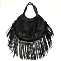 Black Hobo Vegan Faux Leather Fringe Boho Hippie Shoulder Bag Laser Cut - $55.00