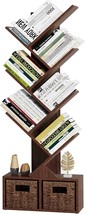 Vagusicc Tree Bookshelf, 6 Tier Bookshelf With Storage, Tall Narrow, Brown - $44.92