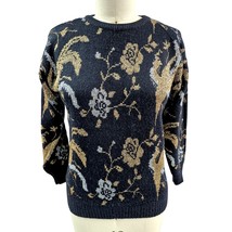 Disco Dreams! VTG 70s 80s Donagain Black Sweater Gold/Silver Floral Powe... - $33.86