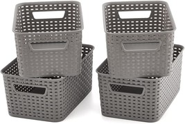 Four Small Gray Plastic Woven Knit Baskets, Measuring 11 X 7.3 X 5, Are - $32.97