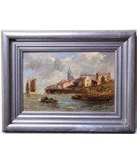 Seascape of a mediterranean coastal town 19C antique oil painting signed... - £188.37 GBP