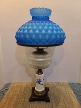 Vintage Oil Lamp with Blue Diamond Quilted Shade &amp; Painted Porcelain Base - £117.83 GBP