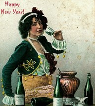 Happy New Year Donna Drinkng Champagne Quattro Vuoto Bottiglie 1907 Vtg Postcard - £15.95 GBP