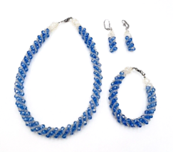 Vintage Blue Seed Bead Woven Spiral Necklace Bracelet Earrings Set - $47.52