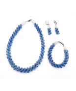 Vintage Blue Seed Bead Woven Spiral Necklace Bracelet Earrings Set - $65.19 CAD