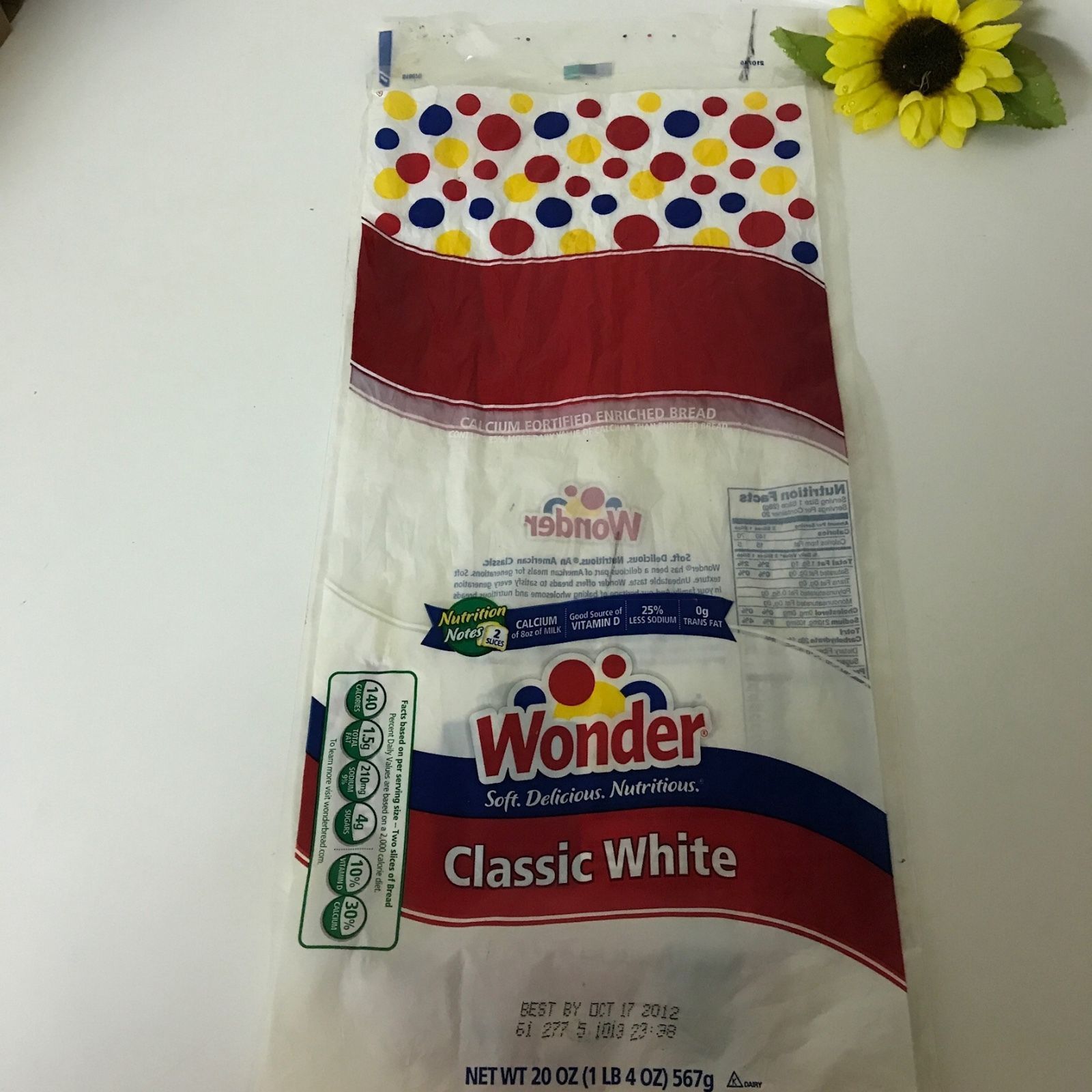 Wonder Bread Classic White Wrapper Bag Vitamin D 1lb 4oz 10 17 2012 Hostess Prop - $18.95