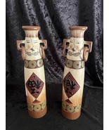 Set/2 African Tribal Vase Ceramic 10&quot;  W/ Earring Handles Earth Tones Po... - €42,42 EUR