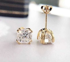 1.50Ct Cushion CZ White Diamond Solitaire Stud Earrings 14K Yellow Gold Plated - £23.97 GBP