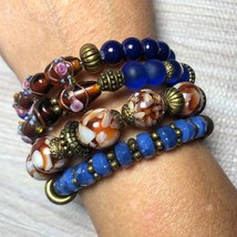 Blue Brown Gold Crystal Frost Floral Stack Bracelets Memory Wire Handmade Wrap - £24.10 GBP