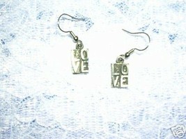New Usa Cast Pewter Rectangle Block Love L O V E Text Dangling Charm Earrings - £4.80 GBP