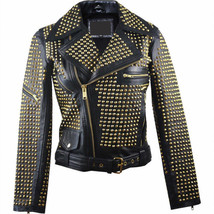 Mens Black Golden Studded Brando Biker Belted Leather Jacket Vintage Club Style - £231.76 GBP