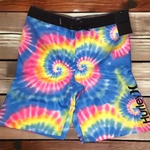 Hurley Board Shorts Boys 16/28 Blue Pink Rainbow Tie Dye Swim Trunks Retro 70s - $16.78