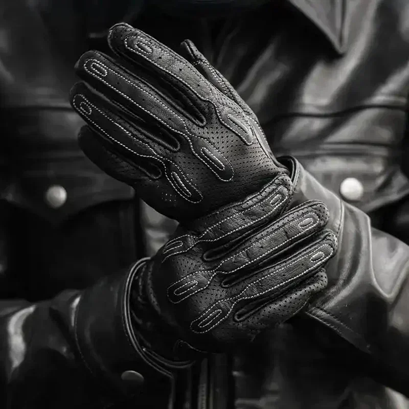Motorcycle Gloves Retro Leather Men&#39;s Full Finger Leather Breathable Touch - £36.12 GBP