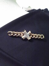 Vintage Golden Pin Brooch Chain Bar Pin With Rhinestone Studded X - £22.12 GBP