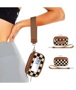 Checkered ID Wallet Vegan Leather Canvas Wristlets Brown - $437.57 MXN