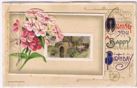 Greeting Postcard Embossed Birthday Pink Flowers Cows Arch Card On Postcard - £4.64 GBP