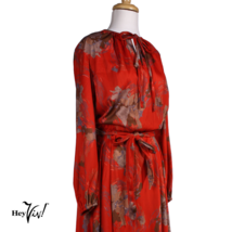 Vintage Red Print Long Sleeve Blouson Dress w Keyhole Neckline Sz L 18 - Hey Viv - £30.37 GBP