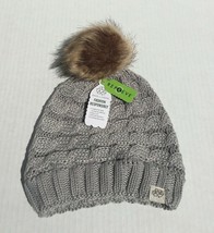 Winter Knit Beanie Hat Skull Cap Solid Gray with Camel Faux Fur Pom Recy... - £6.12 GBP
